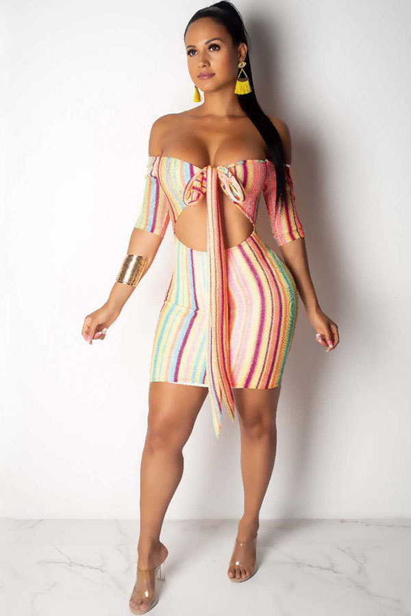 Multi-color Sexy Fashion Off The Shoulder Short Sleeves One word collar Step Skirt Knee-Length Print a