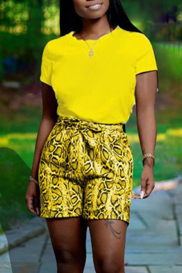Yellow Casual Print Patchwork O Neck Short Sleeve Two Pieces