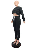 Black Casual Solid Patchwork Hooded Collar Long Sleeve Regular Sleeve Short Two Pieces