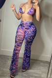 Blue Sexy Print Patchwork Spaghetti Strap Sleeveless Three Pieces