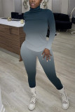 Cyan Casual Print Patchwork Turtleneck Long Sleeve Two Pieces
