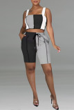 Rose Red Fashion Casual Patchwork Backless Square Collar Sleeveless Two Pieces
