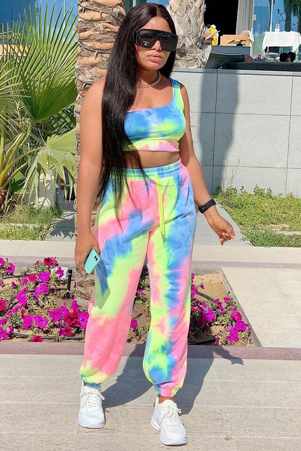 multicolor Fashion Sexy adult Patchwork Print Two Piece Suits Loose Sleeveless Two Pieces
