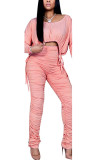 White Fashion British Style Adult Solid Draw String Fold O Neck Long Sleeve Regular Sleeve Short Two Pieces