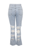 Baby Blue Casual Patchwork Ripped Mid Waist Boot Cut Denim Jeans