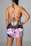 Blue Fashion Sexy Print Draw String Long Sleeve Four-piece Set