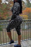 Black Casual Print Letter O Neck Long Sleeve Two Pieces