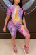 rose red Fashion Casual adult Patchwork Print Tie Dye Two Piece Suits Straight Short Sleeve Two Pieces