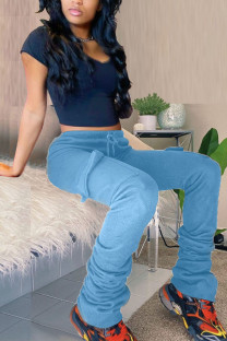 Sky Blue Casual Solid Pocket Fold Boot Cut Patchwork Bottoms