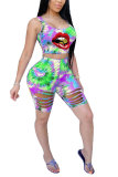 Blue Fashion Casual adult Patchwork Print Tie Dye Burn-out Two Piece Suits Lips Print pencil Sleeveless Two Pieces