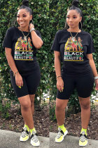 Black Fashion Casual adult Letter Patchwork Print Two Piece Suits Straight Short Sleeve Two Pieces