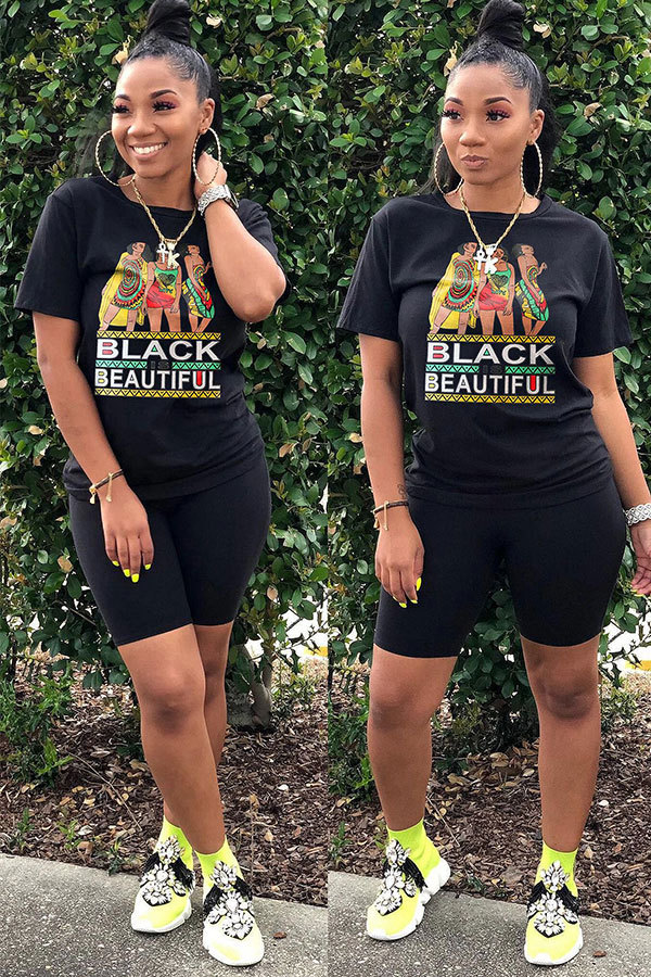 Black Fashion Casual adult Letter Patchwork Print Two Piece Suits Straight Short Sleeve Two Pieces