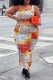 Orange Sexy Print Patchwork Square Collar Pencil Skirt Plus Size Dresses