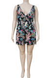 Black Casual Print Bandage Patchwork V Neck Plus Size Jumpsuits