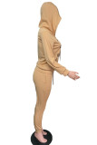 Khaki England Letter Print Solid Straight Long Sleeve Two Pieces