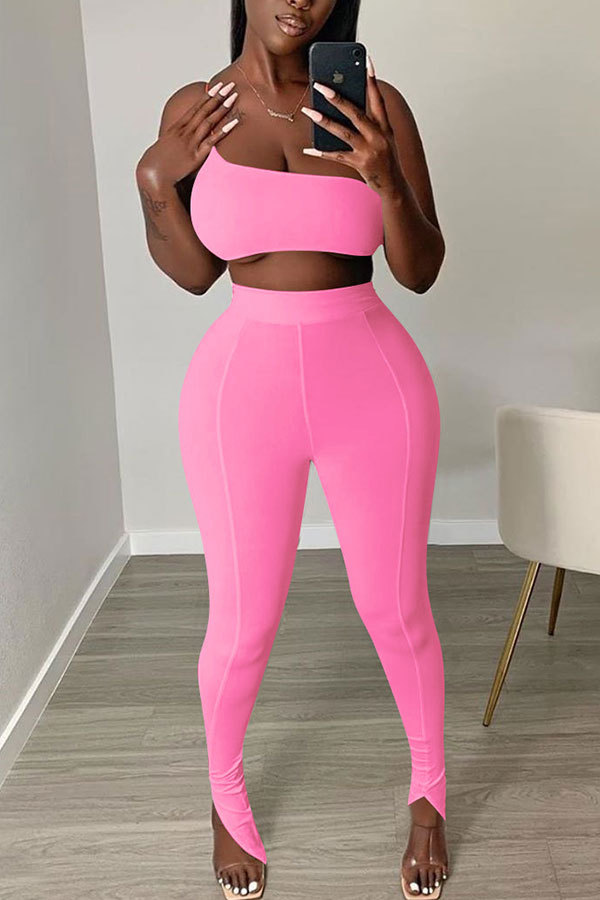 Pink Fashion adult Street Patchwork Solid Two Piece Suits Skinny Sleeveless Two Pieces