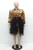 Camouflage O Neck Lips Print Patchwork Camouflage Mesh Leopard Zippered Patchwork Long Sleeve 
