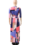 Pink Sexy Print Patchwork V Neck Waist Skirt Dresses