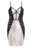 Blue Fashion Sexy Spaghetti Strap Sleeveless Slip Slim Dress Mini Sequin Patchwork Club Dresses