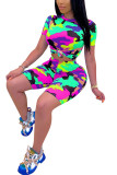 Pink Fashion Casual Patchwork Print Two Piece Suits pencil Short Sleeve Two Pieces