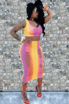 rose red Sexy Fashion Tank Sleeveless O neck Step Skirt Mid-Calf hollow out Print Fluorescent hole backless