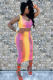 rose red Sexy Fashion Tank Sleeveless O neck Step Skirt Mid-Calf hollow out Print Fluorescent hole backless