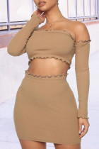 Camel Sexy Solid Patchwork Off the Shoulder Long Sleeve Two Pieces