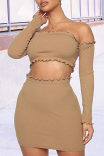 Camel Sexy Solid Patchwork Off the Shoulder Long Sleeve Two Pieces