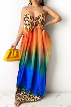 Leopard Print Casual Off The Shoulder Sleeveless Slip Swagger Floor-Length Print Patchwork