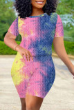 Fluorescent Green Casual Print Tie Dye Patchwork O Neck Short Sleeve Two Pieces