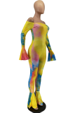 Colour Sexy Patchwork Tie-dye Off the Shoulder Boot Cut Jumpsuits