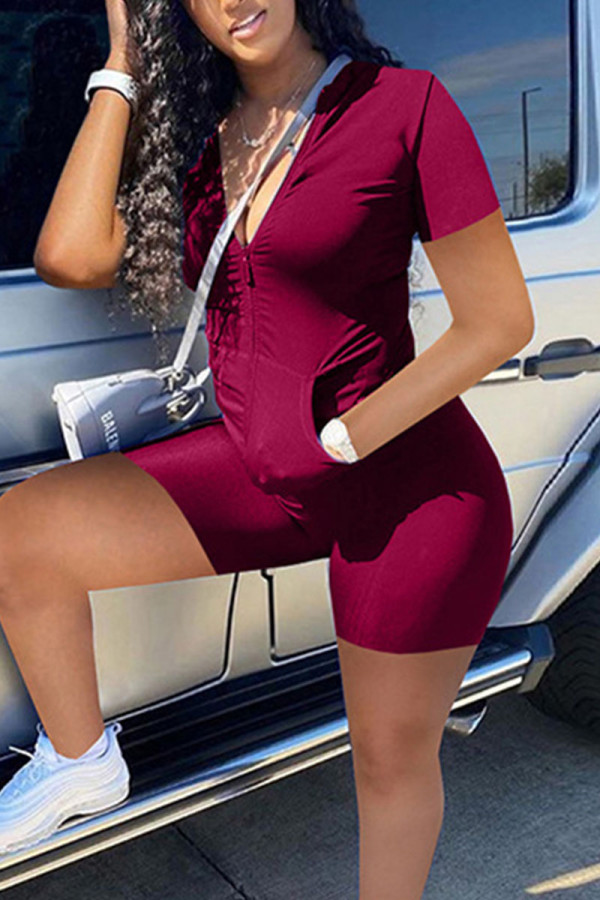 Burgundy Simplicity Solid Patchwork Zipper Half A Turtleneck Short Sleeve Two Pieces