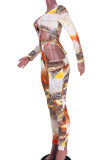 Orange Sexy Print Hollowed Out Patchwork Frenulum V Neck Skinny Jumpsuits
