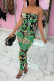 Green Sexy Print Patchwork Strapless Sleeveless Two Pieces