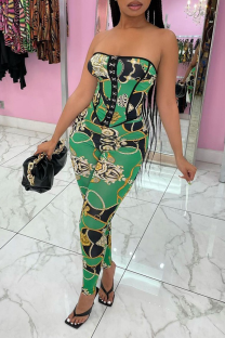 Green Sexy Print Patchwork Strapless Sleeveless Two Pieces