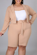 Cream White Casual Solid Patchwork Turn-back Collar Plus Size Two Pieces
