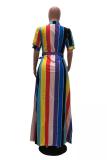 Blue Casual Fashion Cap Sleeve Half Sleeves Turndown Collar Straight Ankle-Length fastener Argy