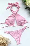 Pink Fashion Sexy Solid Backless Strap Design Swimwears