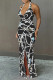 Black Fashion Sexy Print Backless Slit Halter Sleeveless Dress