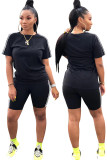 Black Fashion Casual adult Ma'am Patchwork Solid Two Piece Suits Straight Short Sleeve Two Pieces