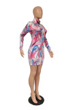 Multicolor Sexy Print O Neck Wrapped Skirt Dresses