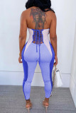 Pink Fashion Sexy Patchwork Bandage Hollowed Out Backless Strapless Skinny Jumpsuits