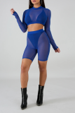 Blue Casual Solid Patchwork Half A Turtleneck Long Sleeve Two Pieces