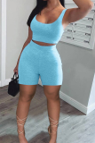 Blue Casual Solid Patchwork U Neck Sleeveless Two Pieces