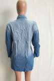 Light Blue Sweet Long Sleeves Turndown Collar Asymmetrical skirt Ombre hole Rivet Beading Dresses