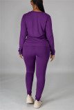 Red Casual Solid Basic O Neck Long Sleeve Two Pieces
