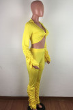 Yellow OL Solid Draped crop top Boot Cut Long Sleeve Two Pieces