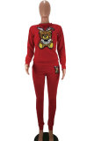 Black Elastic Fly Long Sleeve Mid Patchwork Sequin Print pencil Pants Two-piece suit