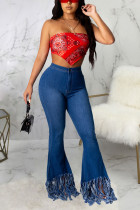Dark Blue Tassel Design Flared Denim
