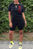 Black Fashion Casual Letter Print Basic O Neck Short Sleeve Two Pieces